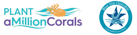 Logos for 'Plant a Million Corals' and 'Blue Star Operator' with coral and star symbol.